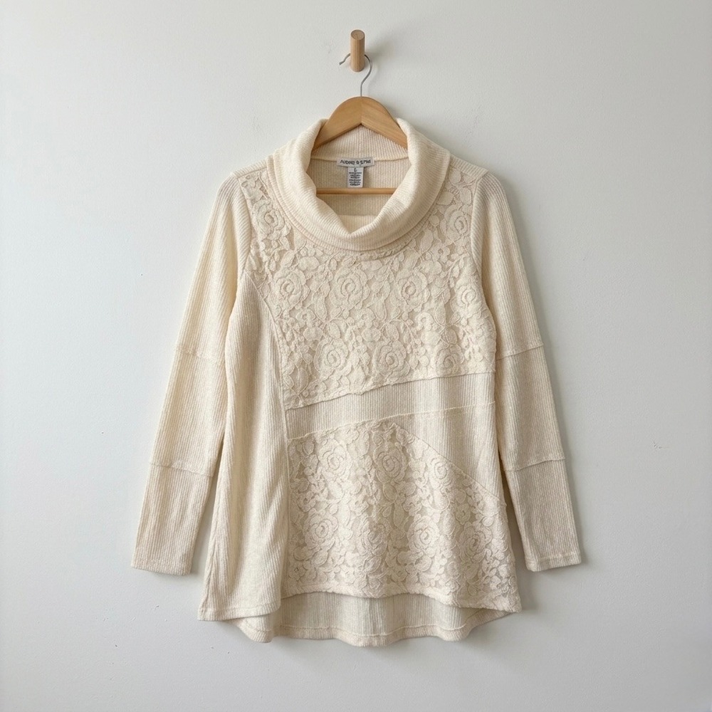 Adobe Star Womens Cream Floral Lace Inset‎ Cowl Neck Tunic Sweater Size L 5003
